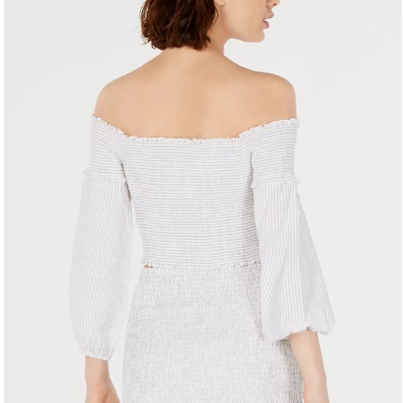 Guess Trixie White Stripe Smocked Off Shoulder Wrap Cross Long Sleeve Crop Top - Picture 8 of 9